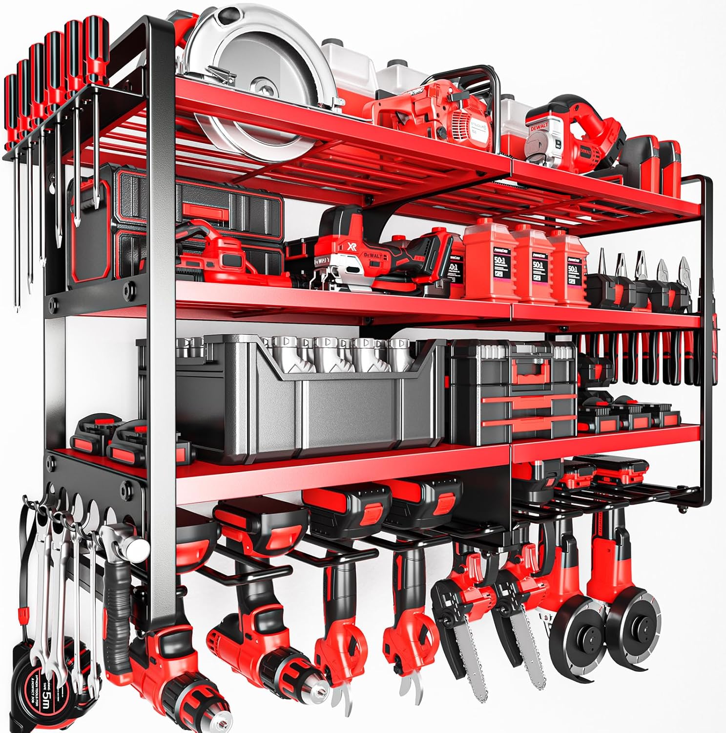 POKIPO Heavy-Duty Power Tool Organizer - Wall-Mounted 4-Layer Storage Rack for 400lbs | Includes 8 Cordless Drill Holders