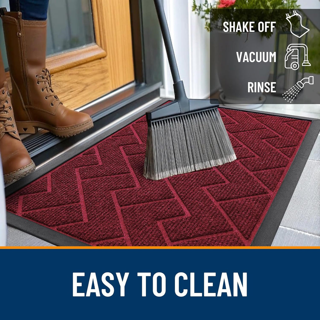 OLANLY Waterproof Front Door Mat - All-Season Herringbone Doormat | Easy Clean, Low Profile, Wine Red (47x32)