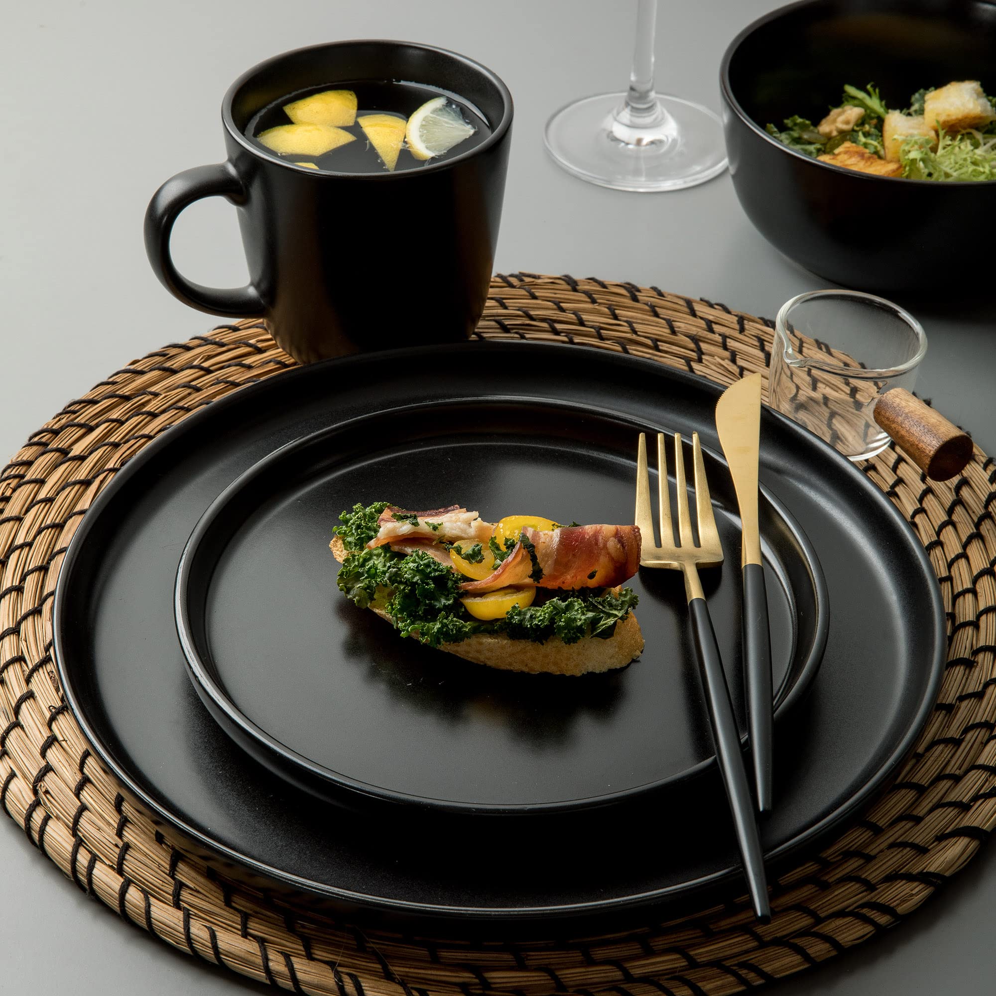 ARORA SKUGGA Round Stoneware 16pc Dinnerware Set of 4, Dinner Plates, Side Plates, Cereal Bowls, Mugs - Matte Black (472979)