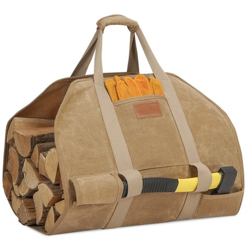 TwentyNext Firewood Log Carrier Waxed Canvas Tote Bag with Handles, Heavy Duty Firewood Holder Fireplace Wood Stove Accessories for Camping,BBQ Indoor & Outdoor