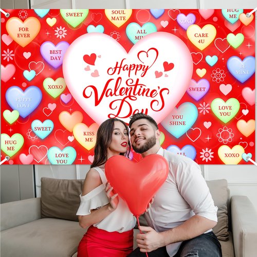 Mocsicka Valentines Backdrop Decorations Banner Red Conversation Heart Romantic Love Valentines Background Valentines Anniversary Party Decorations Photo Booth Props (Red, 6x3.6ft)