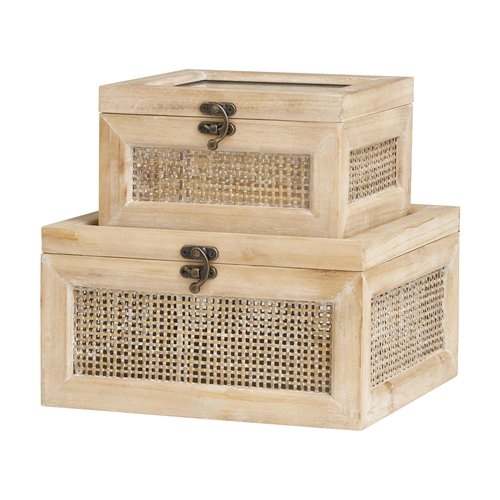 Deco 79 Wood Decorative Box Glass Top Decorative Keepsake Boxes with Rattan Side Panels and Bronze Hook Closures, Set of 2 Storage Boxes 9", 7"W, Light Brown