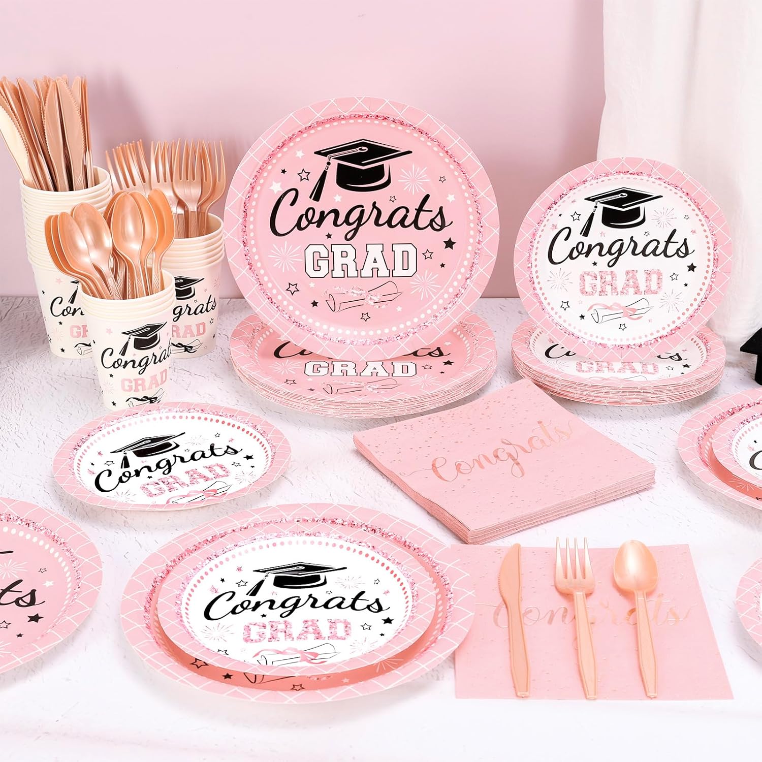 Whaline Graduation Paper Plates Set - 175 Pcs Pink Dinnerware for 25 Guests | Disposable Tableware & Napkins