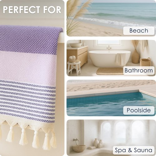 ATANI Turkish Beach Towel (71x39 Inches), Converts to a Bag, Oversized 100% Cotton Bath Towels Lightweight Quick-Dry Beach Blanket for Travel, Picnic, Camping, Yoga and Pool (Lavender)