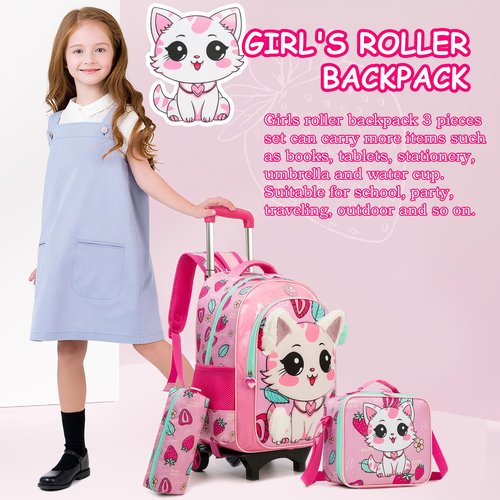 Egchescebo Kids Rolling Plush cat Backpack for Girls Trolley Suitcases Luggage Travel with Wheels Detachable Wheeled 17" 3PCS Roller Backpacks Set Toddler Back Pack School Bags for Elementary Pink