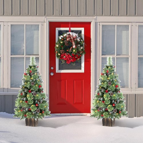 Jin&Bao 4FT Potted Christmas Tree with 100 Lights, 2 Pack Artificial Xmax Tree Timer Function with Round Pine Cones & Red Berries, 3AA Battery Operated Christmas Decorations for Outdoor, Porch