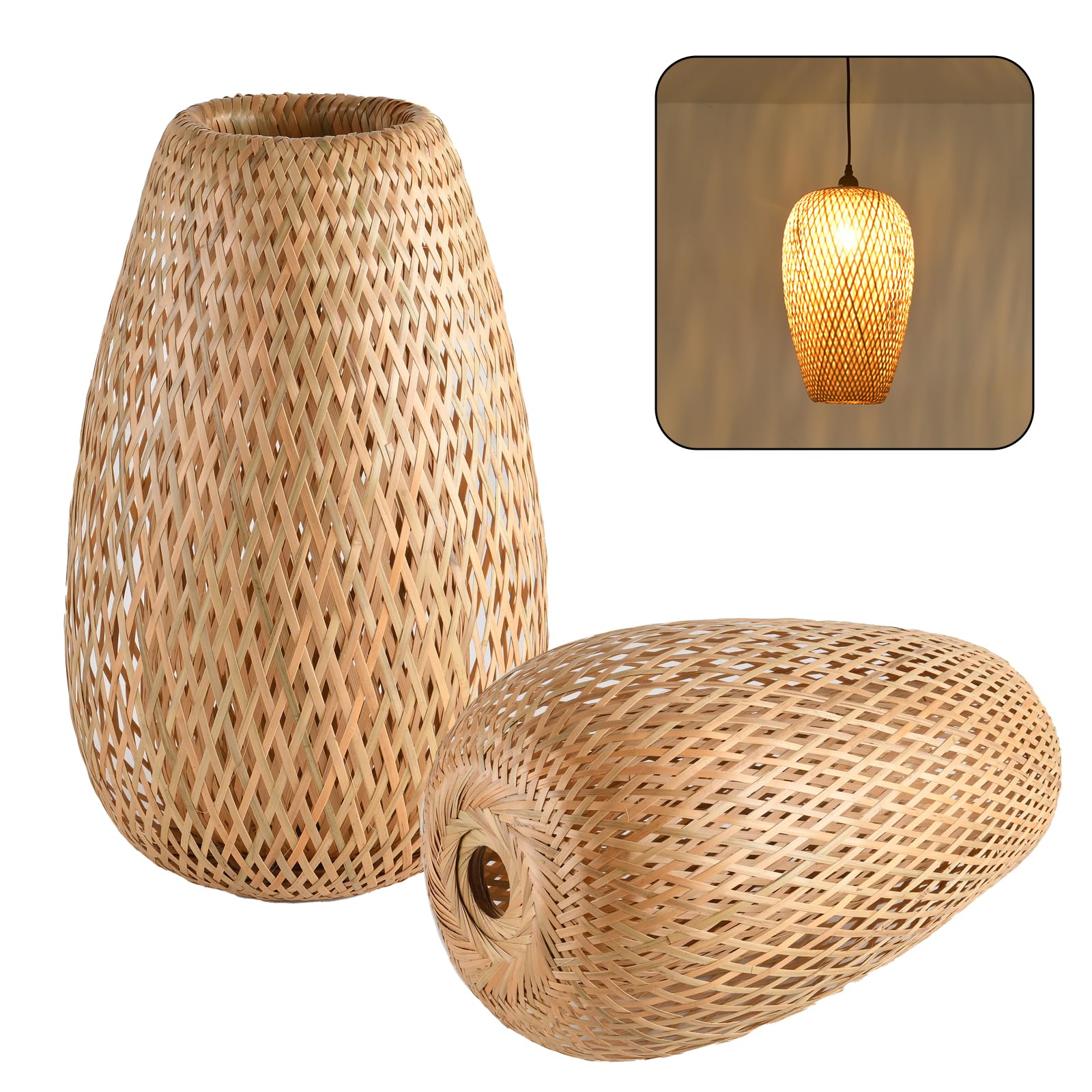 Teru Ji Kaikang Bamboo Lamp Shade, 2-Pack Hand-Woven Bamboo Rattan Hanging Light Shade,D 9.05" Rattan Table Lamp Shade for Floor Lamp, Wall Sconces Light Cover Table Light,Pendant light