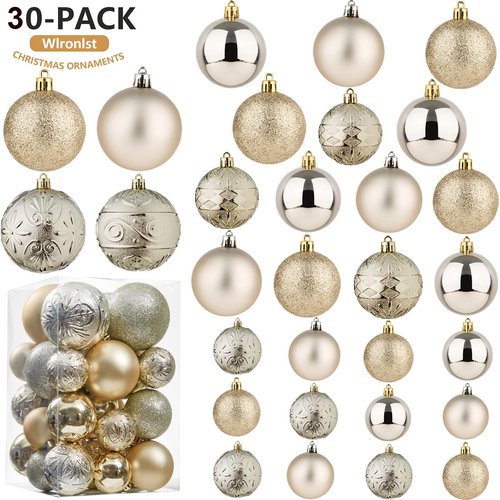Wironlst Christmas Ball Ornaments - 30pcs Shatterproof Plastic Christmas Ornaments Hanging Ball Decorations for Xmas Tree, Holiday, Wedding, Party (Multi-Size, Champagne)