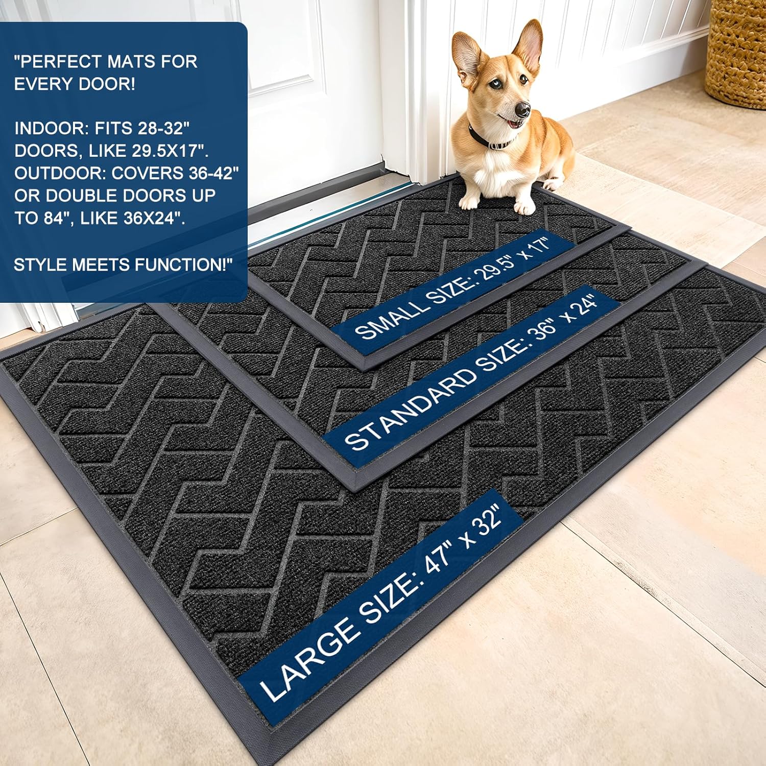 OLANLY Waterproof Front Door Mat - All-Season Indoor/Outdoor Doormat, Easy Clean Herringbone Brick (Black, 71x23)