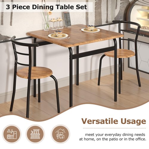 VECELO 3 Piece Dining Table & Chairs Set for 2, Metal and Wooden Square Kitchen Dinette Set for Small Space, Breakfast Nook, Saving Space, Brown