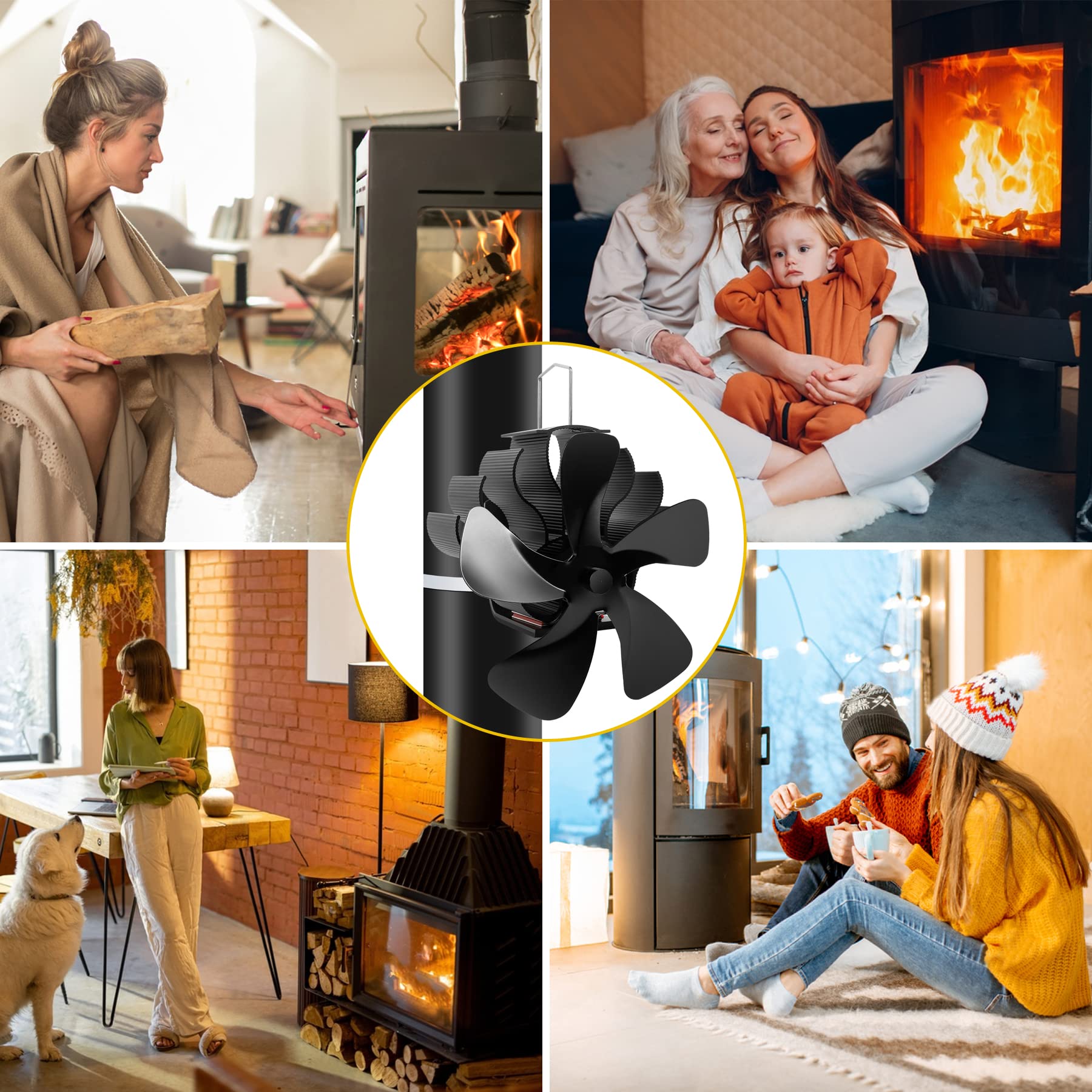 PYBBO Heat Powered Wood Stove Fan, 5 Blades Pipe Fireplace Fan, Silent Operation Motors Thermal Stove Fan for Wood Burning Stove/Pellet/Log/Gas Burner with Magnetic Thermometer