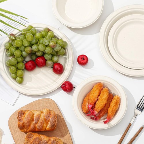 Havawish 300 Pcs White Compostable Paper Plates and Bowls Set 7 Inch 9 Inch Disposable Plate 12oz Biodegradable Bowls for Party Dinner Bulk Party Supplies