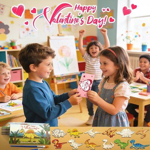 Convivialo 24 Pre-Packaged Valentines Cards for Kids Classroom School Exchange, Dinosaur Wood Crafts Painting Kits, Preschool Valentines Day Gifts for Kids Party Favors