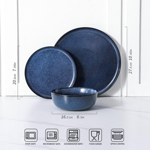 Ceramic Plates and Bowls Sets: 12 Piece Porcelain Dinnerware Sets, Stoneware Kitchen Dishes Set for 4, Scratch Resistant Plate Set, Microwave Dishwasher Oven Safe, Reactive Glaze (Blue)