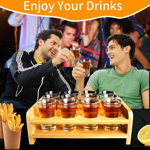 Supwinnet Shot Glasses Set of 12 Tray Serving Holder 1oz/30ml Bulk Glass Cups Thick Base with Stand Organizer for Tequila Party Club Bar Home Restaurant Kitchen Glassware Spirit Tasting Gift