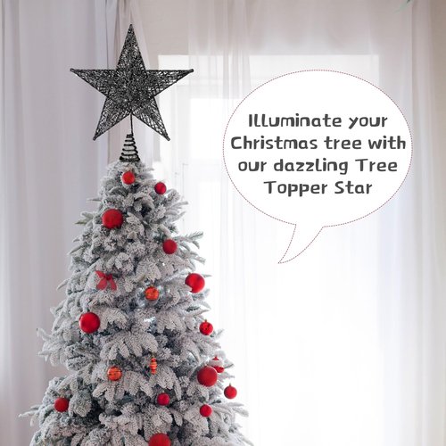 Fovths Christmas Tree Topper 8 Inches Metal Glittered Christmas Tree Topper Wire Star Treetop Sparkle Xmas Decoration for Christmas Tree Ornament Indoor New Year Holiday Party Supplies (Black)