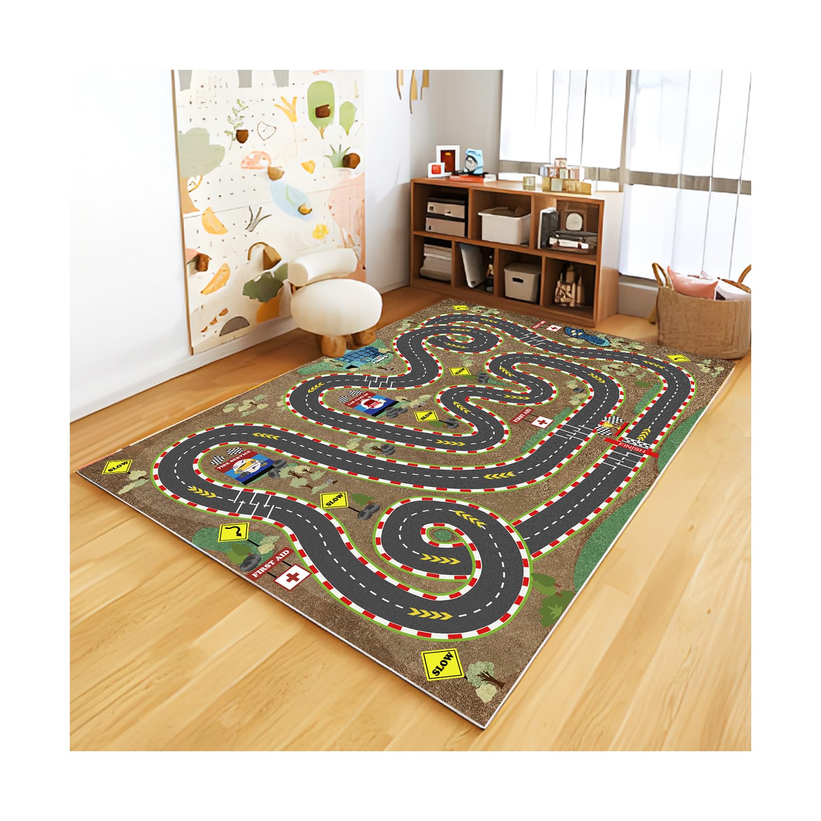 Kids Rug Car Rugs for Kids Toy Cars Play Mat City Life Road Rug for Cars Fun City Map for Carpet for Bedroom Boys (Sand Track, 31 * 47 inches)