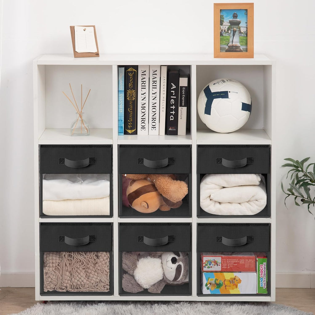 Storage Bins - 11x11 Collapsible Cube Organizers with Clear Window & Handles | Black, 12 Pack