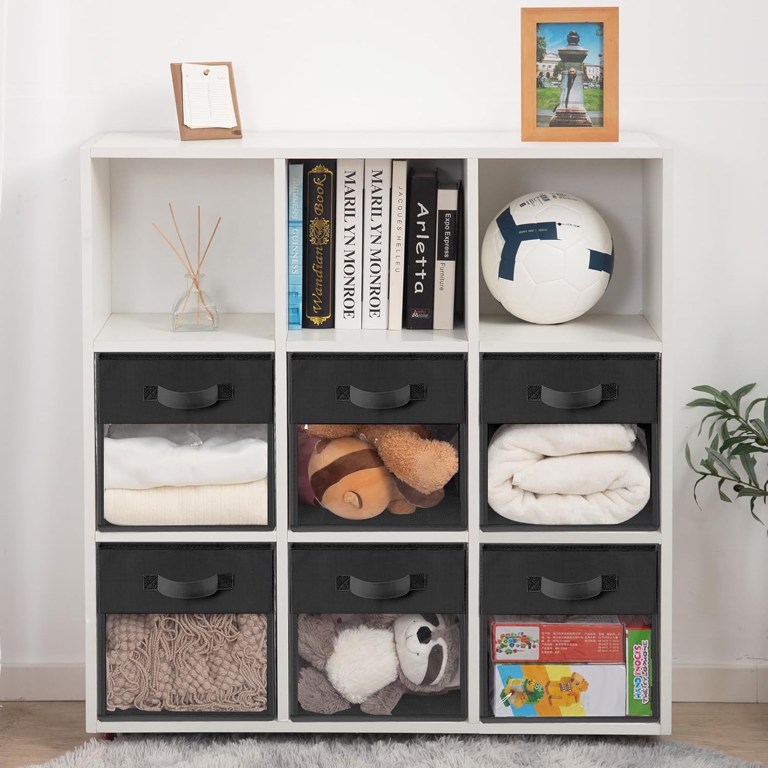 Storage Bins - 11x11 Collapsible Cube Organizers with Clear Window & Handles | Black, 12 Pack