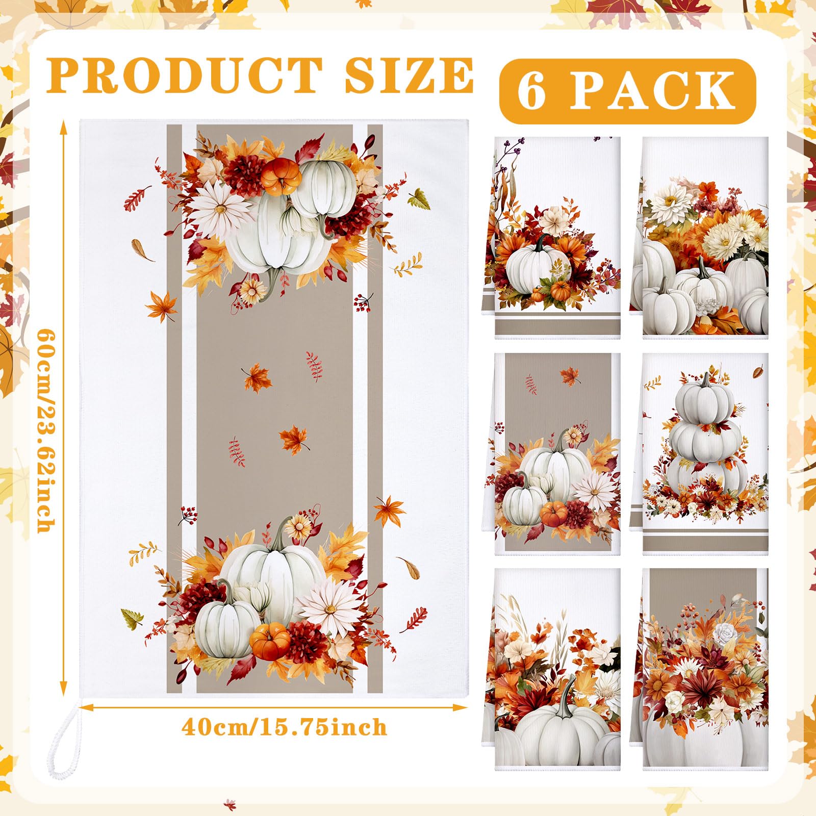 Geyoga Set of 6 Fall Kitchen Towels Autumn Dish Towels Rustic Pumpkin Hand Tea Towel Flower Kitchen Decors for Thanksgiving Fall Decorative Absorbent Fast Drying Cloth for Bathroom Cooking 16" x 24"