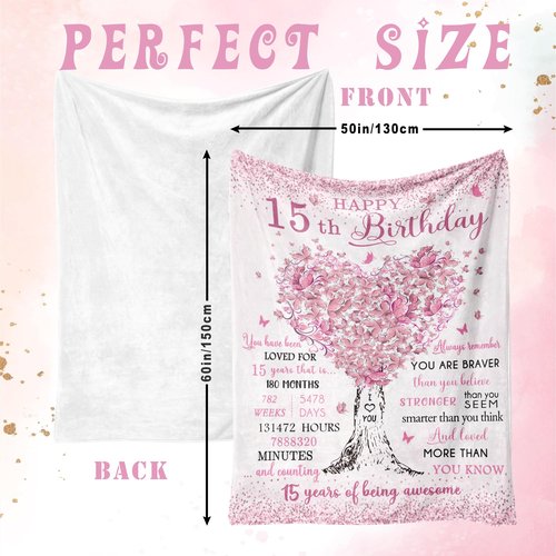 Vuinezo 15 Year Old Girl Gifts Blanket 50"X60", 15th Birthday Decorations for Girls, Quinceanera Gift, 15th Birthday Gifts for Teen Girls, Bday Gift for 15 Year Old Girl, Sweet 15 Bday Decorations