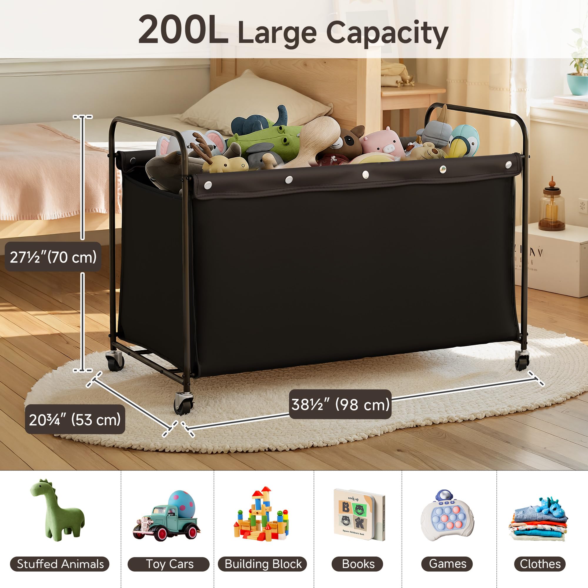 StorageWorks Toy Box with Wheels for Kids, 200L Extra Large Toy Storage Chest and Organizer, 27.5" Metal Toybox with 360° Swivel Wheels for Bedroom, Kids Room, Stuffed Animal Storage, Black