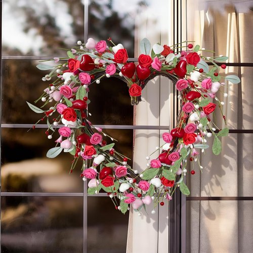 Valentines Day Wreaths for Front Door 17.7 Inch Heart Wreath with Roses Hearts Berries Handmade Grapevine Pink Wreath for Door Wall Home Wedding Party Gift Valentines Decorations