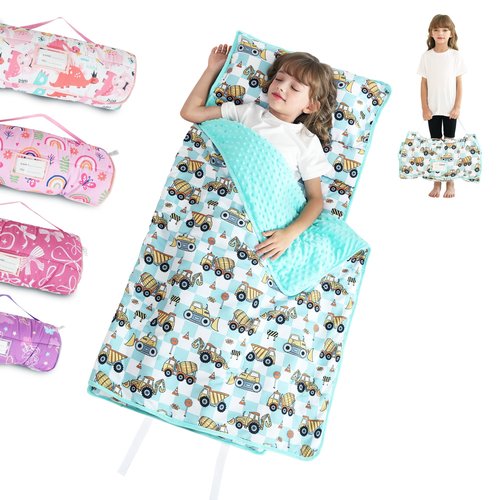 Toddler Nap Mat for Preschool 50''x30'' Sleeping Mat with Removable Pillow and Minky Blanket for Kids Ages 3-7 Roll Up Soft Sleeping Bag for Boys Girls Kindergarten Daycare Sleepover - Excavator