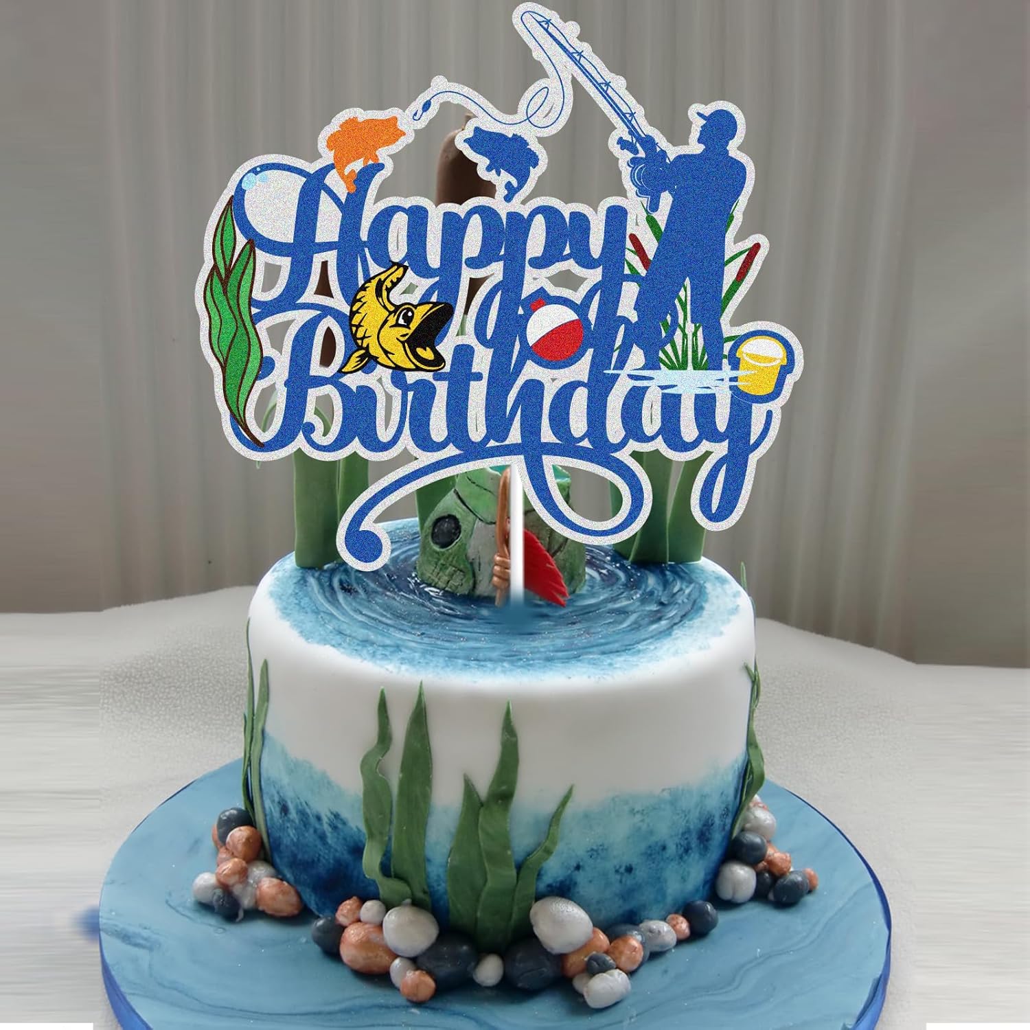 Regine Switzerland Happy Birthday Cake Topper - Blue Glitter Fisherman Design for Kids