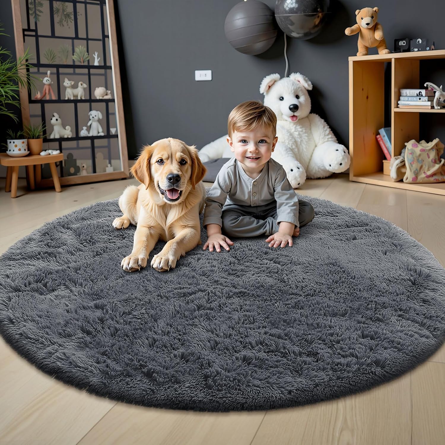 OLANLY Grey Round Area Rug - Soft, Fluffy, Machine Washable 9 ft Circle Carpet for Bedroom & Living Room
