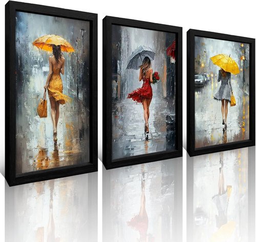 JIMUJIA Framed Canvas Art - 3-Piece Abstract Yellow & Red Umbrella City Scene | 16x24 Inch Wall Decor for Living Room, Bedroom, Office