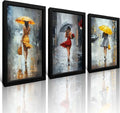 JIMUJIA Framed Canvas Art - 3-Piece Abstract Yellow & Red Umbrella City Scene | 16x24 Inch Wall Decor for Living Room, Bedroom, Office