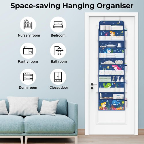 Clastyle Ocean Animals Over the Door Organizer Fish Nursery Hanging Storage Organizer for Kids Clothes Diaper Toy Closet Door Hanging Shelf Storage for Bedroom Bathroom Pantry, Shark, 5-Tier