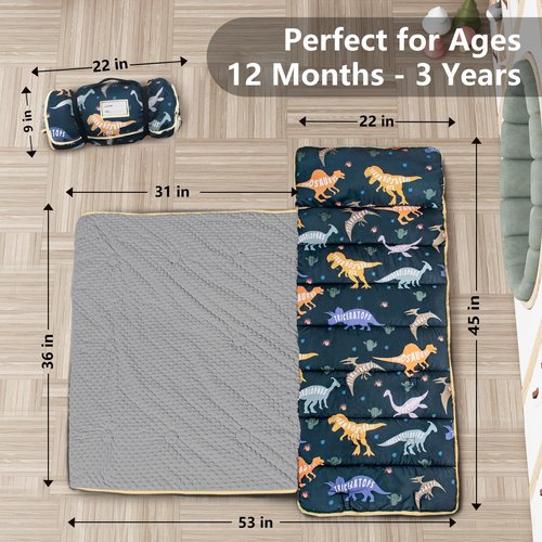 Primlect Thick Toddler Nap Mat with Removable Pillow and Minky Blanket, 45" x 35" Sleeping Bag, Fits Kids 24–36 inch, Washable, Portable for Daycare, Boys and Girls (Dinosaur)