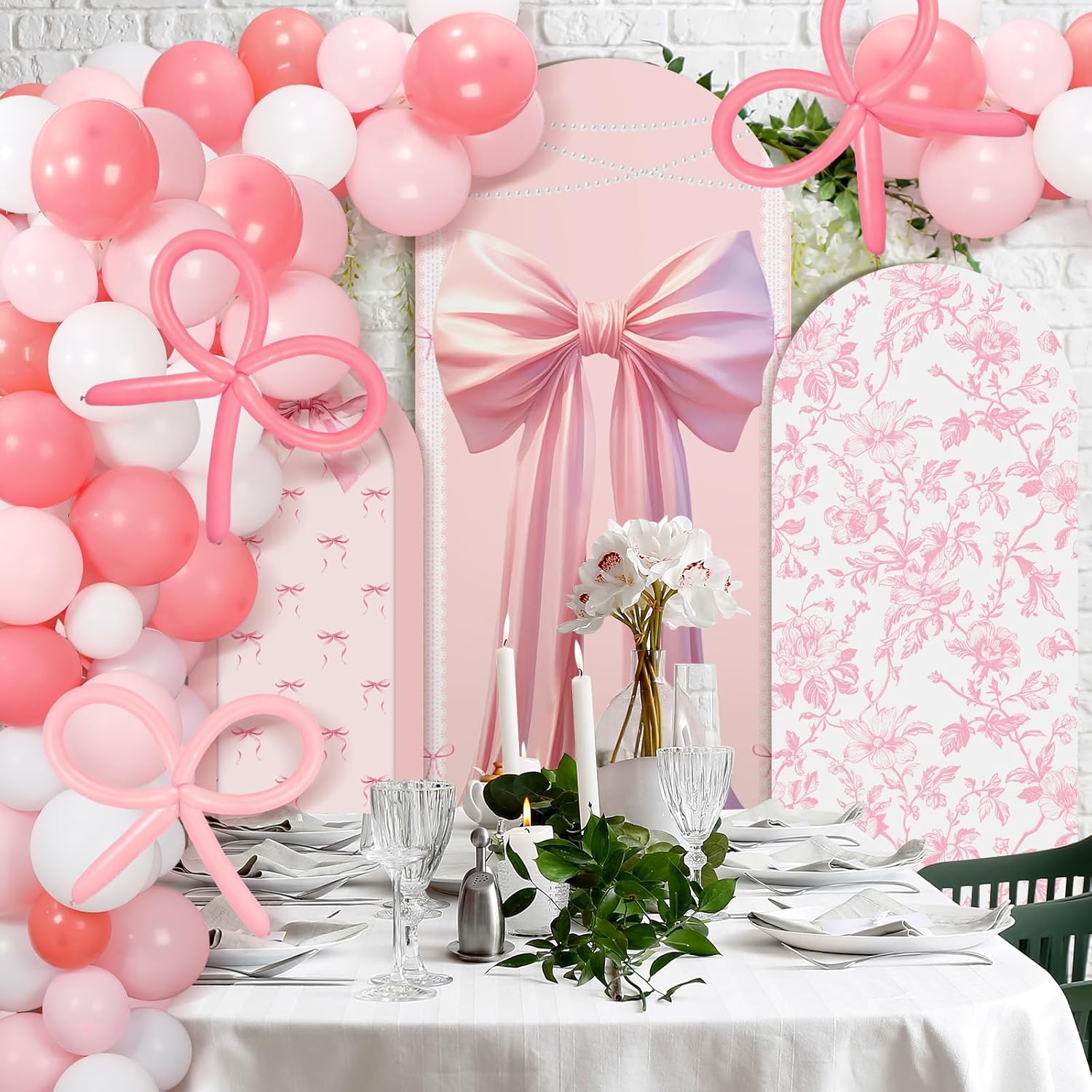 Soulchen Pink Bow Floral Arch Backdrop Set - 3 Covers with 200 Balloons for Wedding & Party Decor | 4/5/6 ft