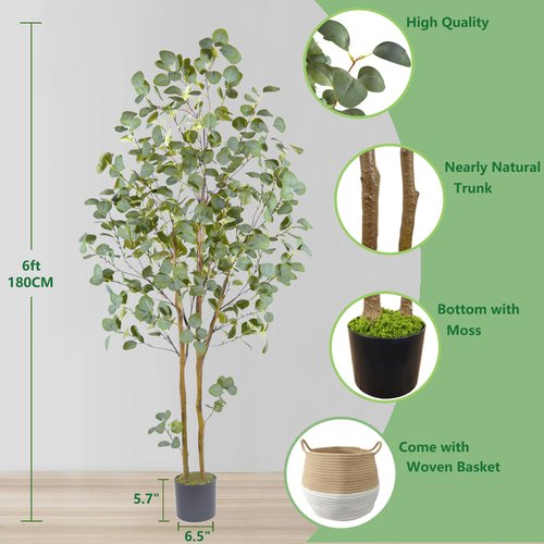 Warmplants Artificial Eucalyptus Tree, 6ft Tall Faux Eucalyptus Plant with Basket for Home Office, 72'' Fake Tree for Indoor Outdoor Livingroom Garden Floor Décor