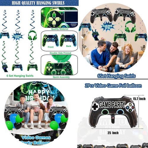 Video Game Party Decorations Set – Gamer Birthday Supplies with Backdrop, Table Cover, Hanging Swirls, Cake Toppers, Foil Balloons for Boys & Kids