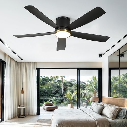 DWVO 52 Inch Ceiling Fans with Lights, Flush Mount Ceiling Fan with Remote Control, 3CCT Dimmable LED, Quiet Reversible DC Motor, 6 Speeds, 5 Blades Ceiling Fan for Bedroom, Living Room, Dining Room