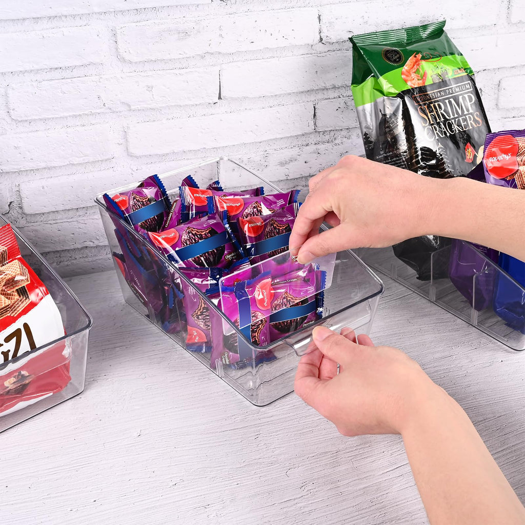 Hiitytin 4 Pack Clear Pantry Organizer Storage Bins Removable Snack Organizer Plastic Cabinet Organizers Racks with 3 Dividers, Refrigerator Bins, Kitchen Storage