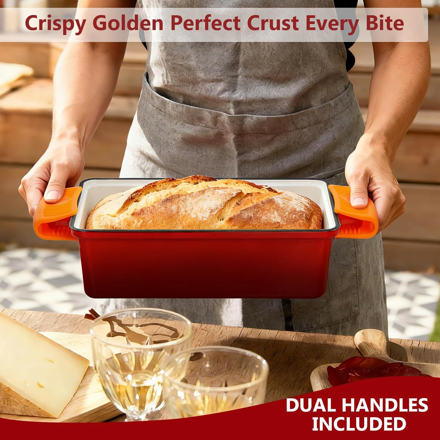 Wildone Enameled Cast Iron Bread Loaf Pan - 9x5 Sourdough Baking Set with Lid, Red, Even Heating