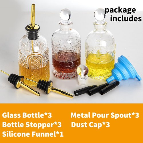 Syrup Dispenser Bottles Set of 3, Simple Syrup Bottle for Coffee Bar Accessories,7 oz Glass Coffee Syrup Containers for Maple Honey Syrup Oil, with Metal Pour Spouts, Stoppers,Condiments Dispenser