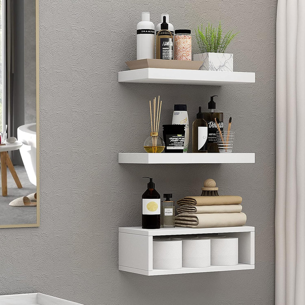 RANK Bathroom Shelves - Wall Mounted Floating Toilet Paper Storage | Set of 3 White 16-Inch Decor