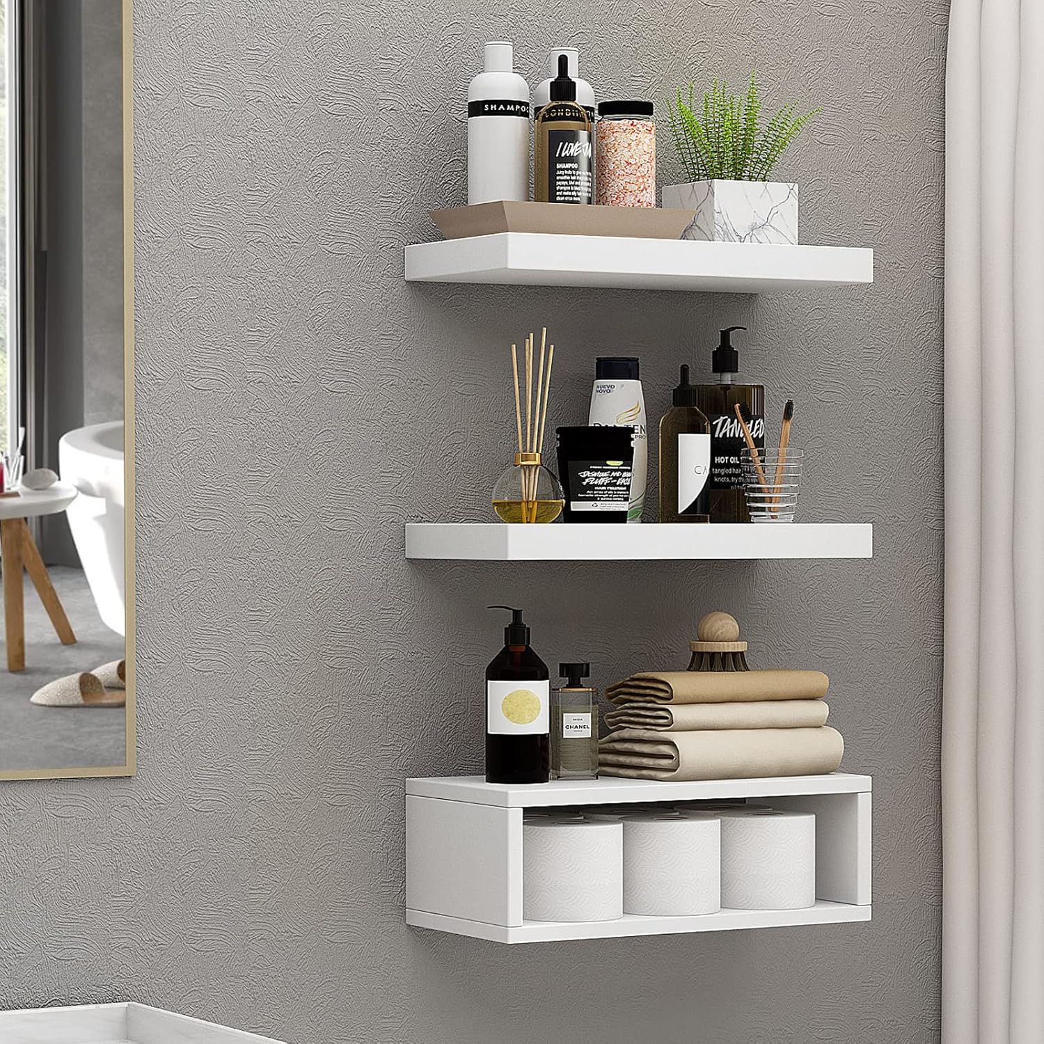 RANK Bathroom Shelves - Wall Mounted Floating Toilet Paper Storage | Set of 3 White 16-Inch Decor
