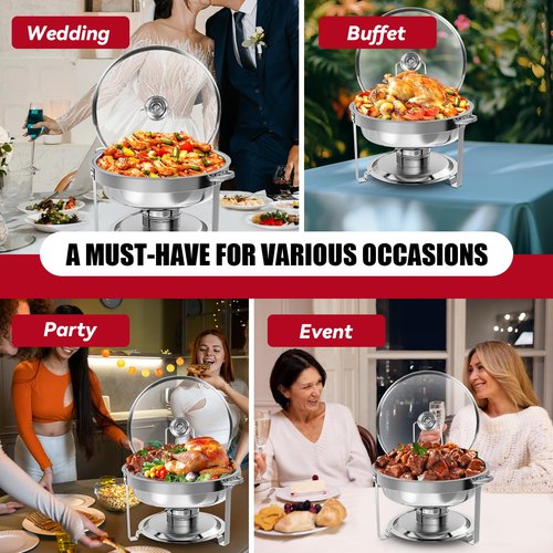 IMACONE Chafing Dish Buffet Set of 2, 5QT Round Stainless Steel Chafer for Catering, Upgraded Chafers and Buffet Warmer Sets with Glass Lid & Holder, Frame, Fuel Holder for Event Party Wedding Holiday