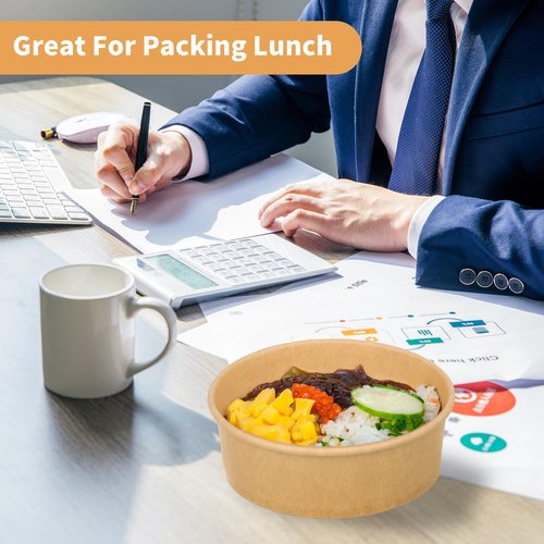 GHEIR 100 Pack 20 oz Disposable Bowls with Lids, Kraft Paper Salad Bowls with Lids, Paper Soup Bowls Food Container for Cold/Hot Food or Takeout