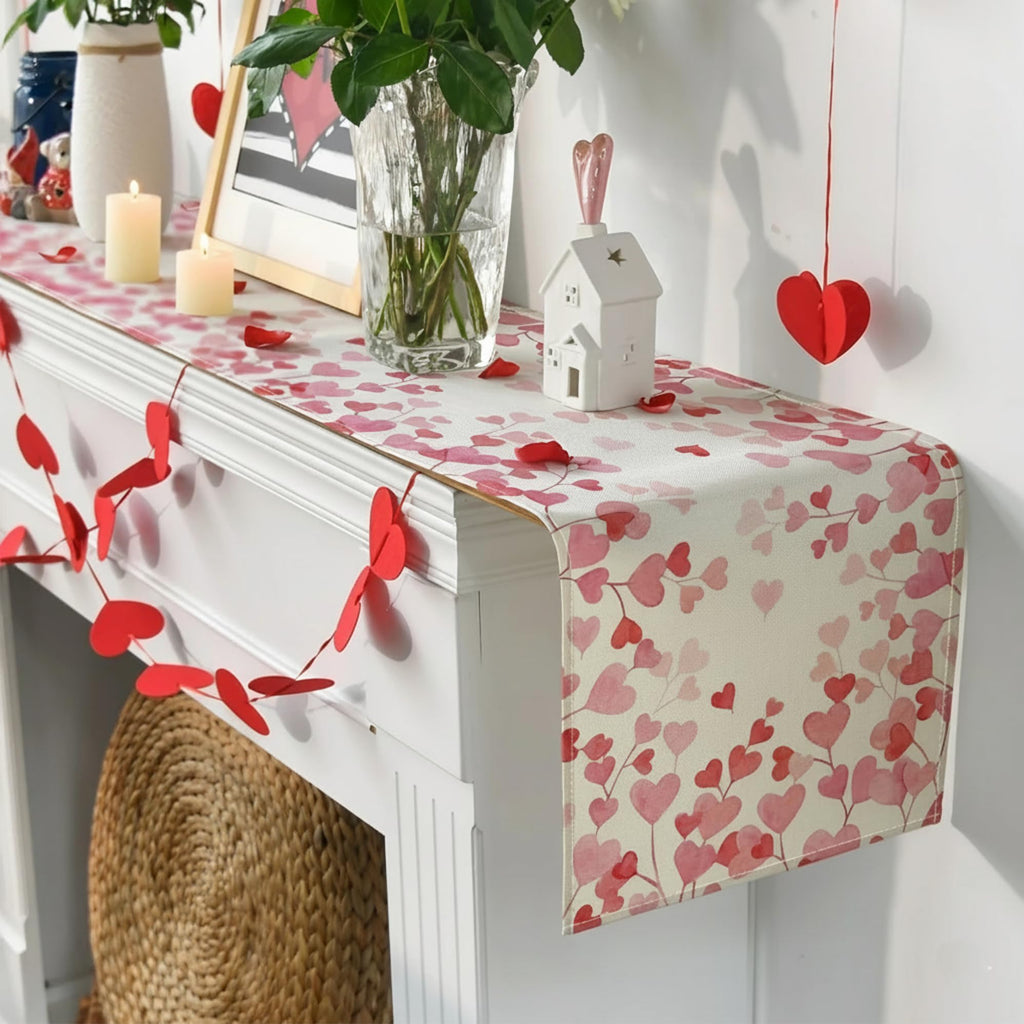 Pink Love Valentine Table Runner 13x72 Inch, Heart Pattern Decor for Dining Table, Kitchen, Anniversary, Wedding, and Party Decorations