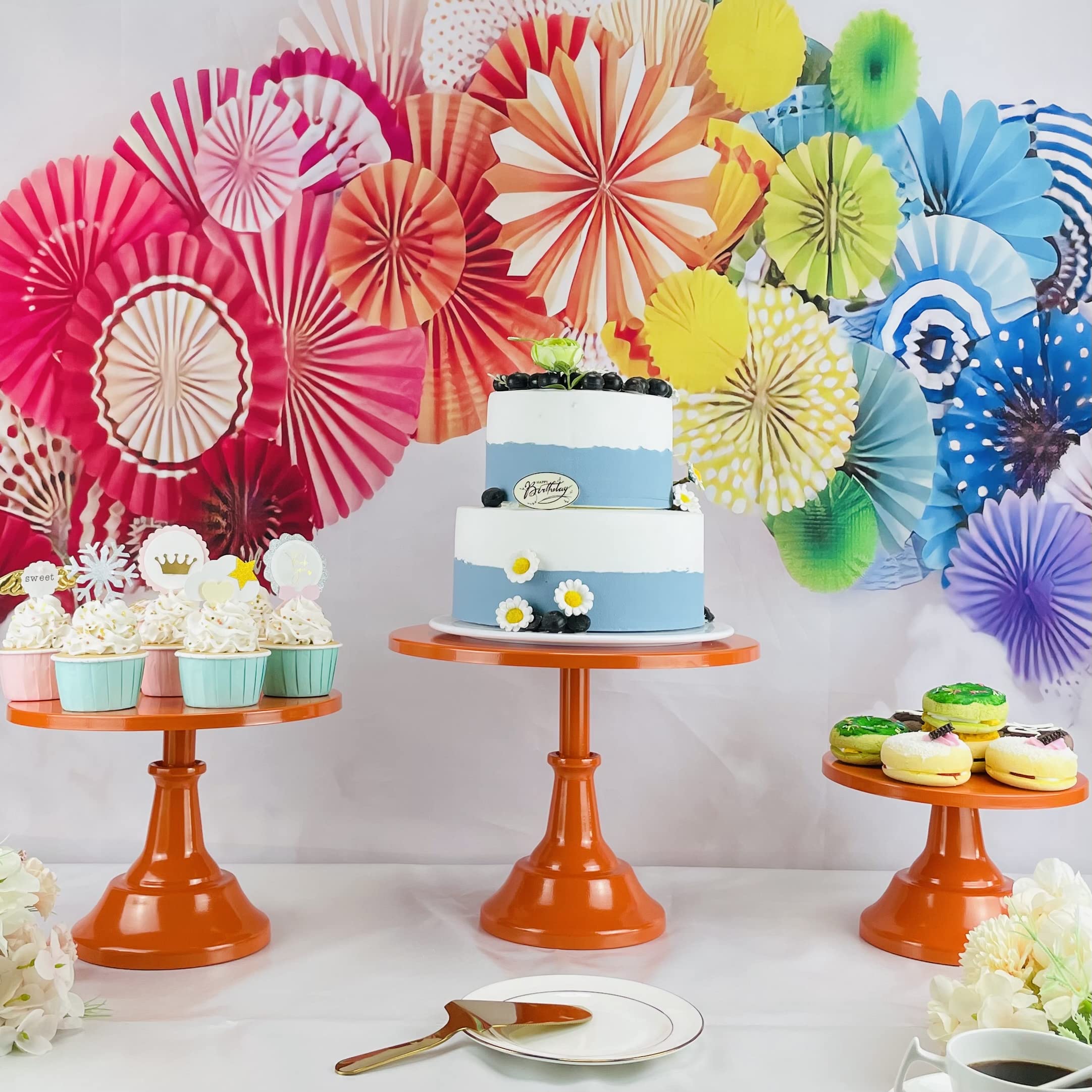 FESTLOVE Set of 8 Orange Cake Stands Donut Holder Round Metal Dessert Display Risers Cupcake Stand Serving Platter for Weddings Birthday Baby Showers Anniversary Party