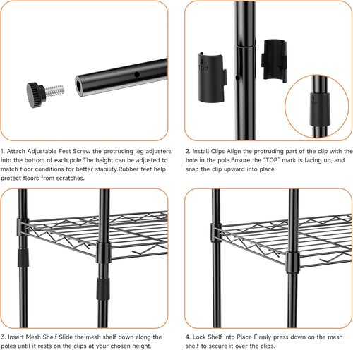 IZEUK 4-Tier Metal Wire Shelf Unit - Versatile Black Storage Rack for Kitchen, Bedroom, or Laundry | 17.7" W x 11.8" D x 41.9" H