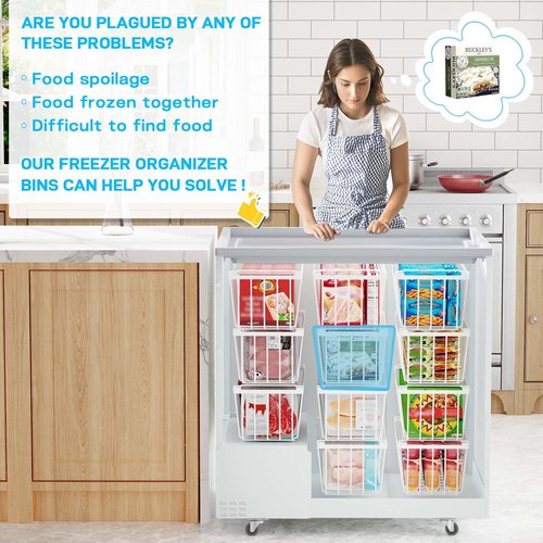 SUNALLY Freezer Organizer Bins, 4 Pack Chest Freezer Organizer Stackable for 5-7 Cu.FT Deep Freezer Sort Frozen Meats and Food, Freezer Storage Baskets with Handles Easy Reach from Bottom, White