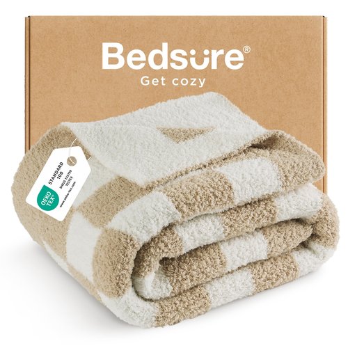 Bedsure GentleSoft Cozy Soft Throw Blanket for Couch, Beige Checkered Fluffy Blanket, Lightweight Warm Knit All Season Throw Blankets for Bed Sofa, Birthday, for Women, 50x60 Inches